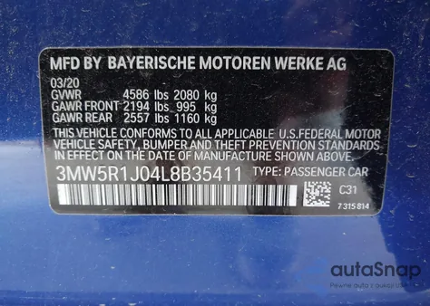 2020 BMW 330I из США, поврежденный, VIN 3MW5R1J04L8B35411